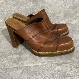 Vintage Candies Block Heel Mule Leather Brown 6.5 Patchwork Y2K CottageCore